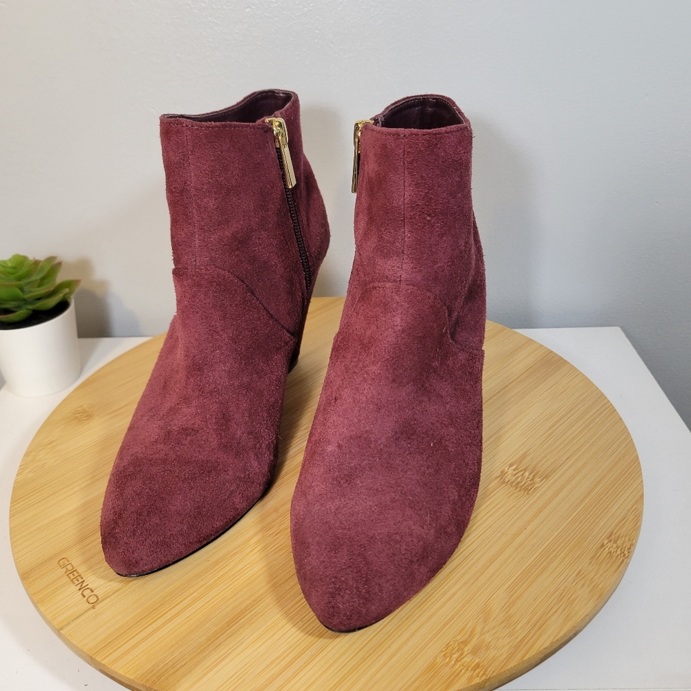 DOLCE VITA Gila bordeaux genuine suede almond toe block cone heel ankle booties